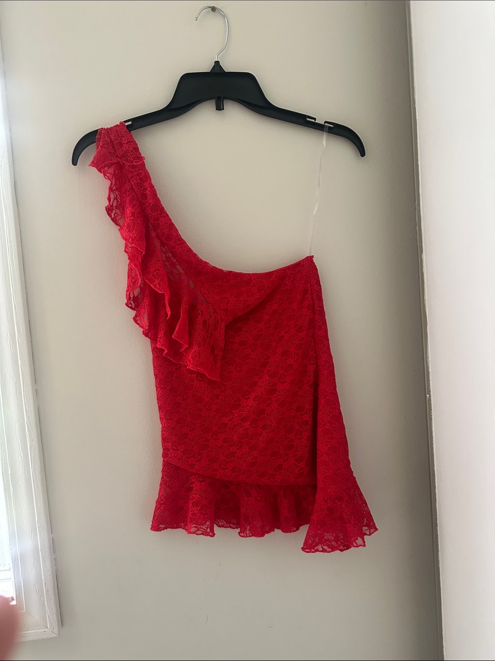 Red One-Shoulder Lace Ruffle Top - Picture 2 of 3
